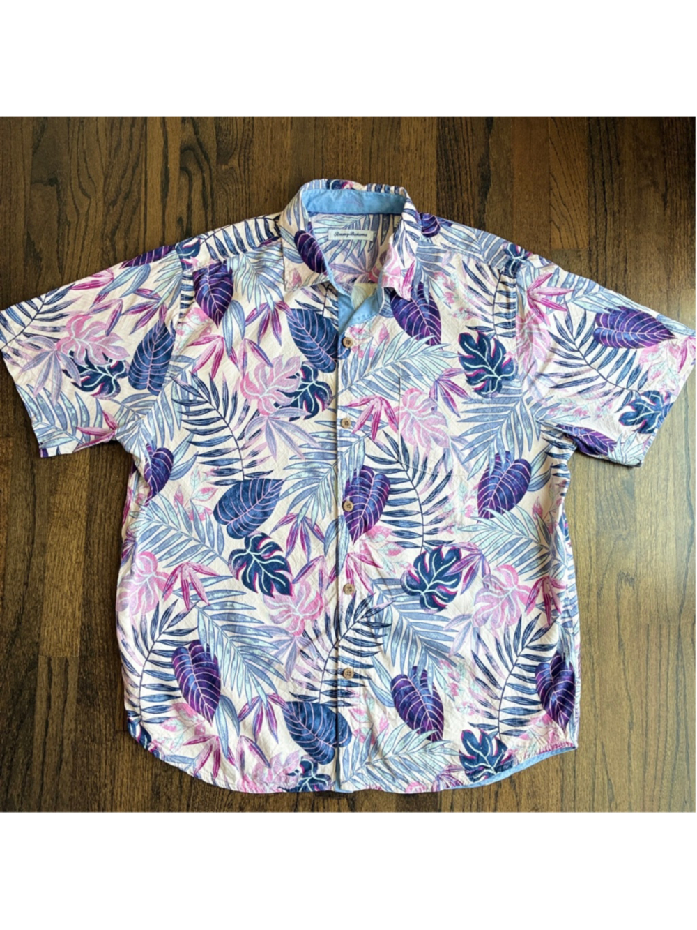 Tommy Bahama Silk Tropical Palm Leaf Floral Short Sleeve Button Up Camp Shirt L